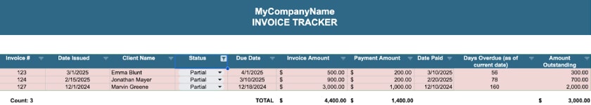 Excel sheet using filter tool to view and manage specific invoice and payment records.
