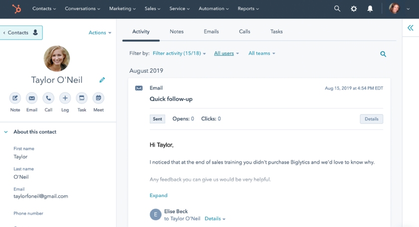 HubSpot CRM dashboard showing Outlook email inbox for a quick follow-up email creation.