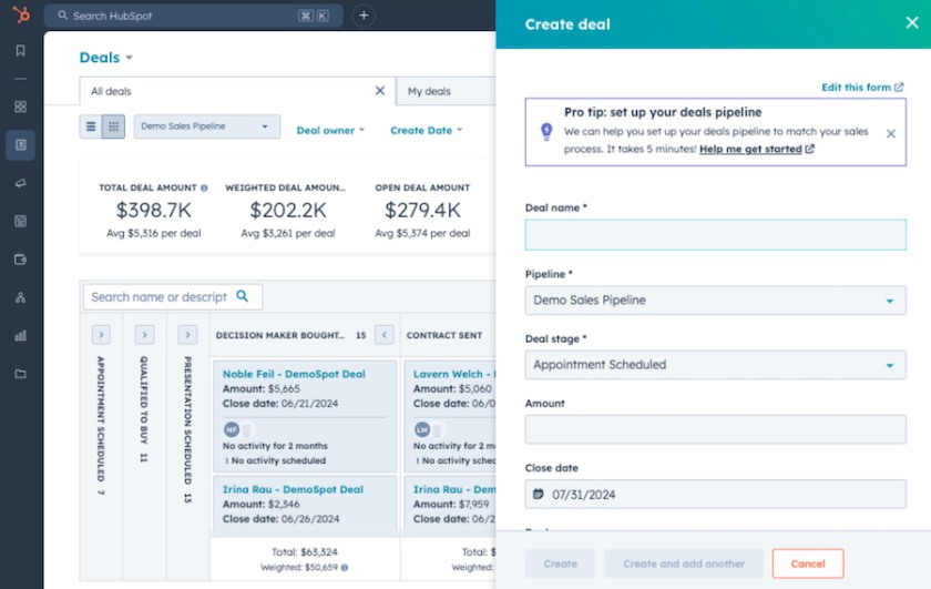 HubSpot CRM’s deal management system showing the option to create a new deal.