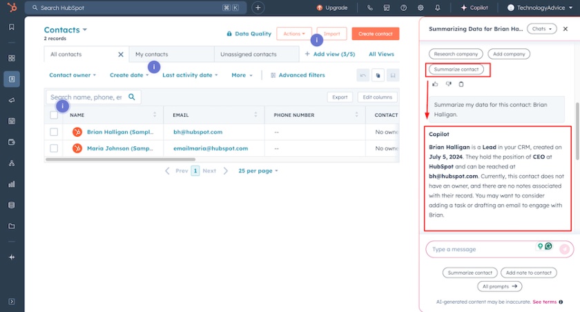 HubSpot CRM's contact management system with AI-powered contact summary by Breeze Copilot.