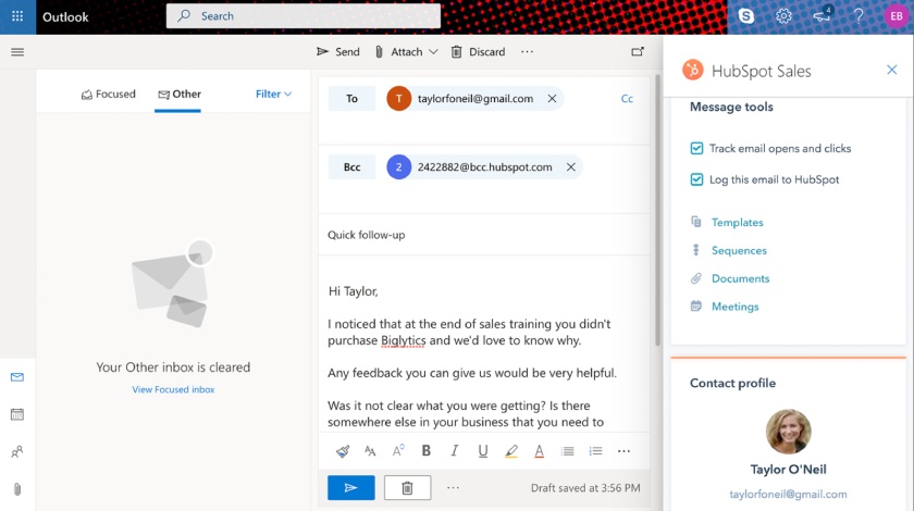 HubSpot Sales sidebar showing features like email tracking, templates, and sequences on Outlook during a quick follow-up email content creation.