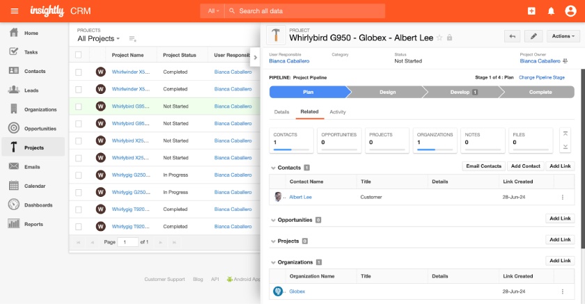 Insightly CRM's project management system with project pipeline and record linking options.
