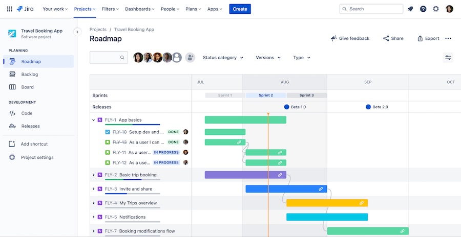 Jira roadmap view with rows for sprints and releases.