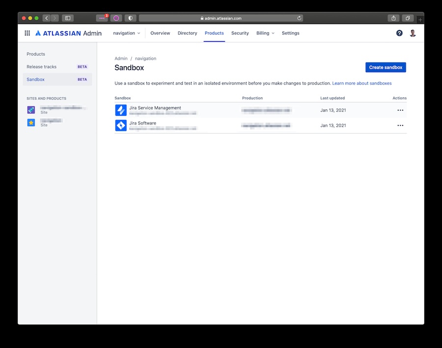 Jira sandbox screen with columns for sandbox item, production, actions, and last updated.