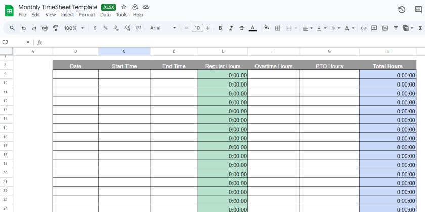 Monthly timesheet template with columns for start and end times, overtime hours, and pto hours.