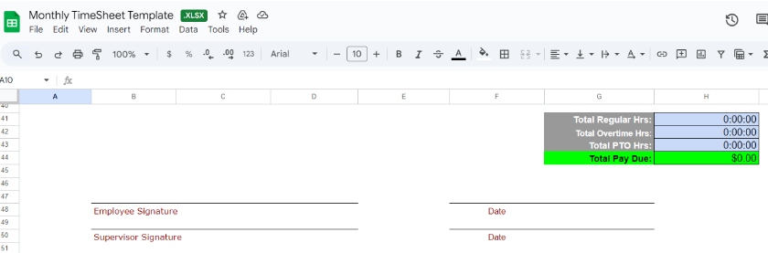 Monthly timesheet template with formulas for total hours and total pay due.
