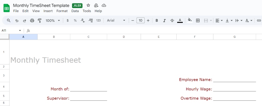 Monthly timesheet template with rows for employee name and wages.