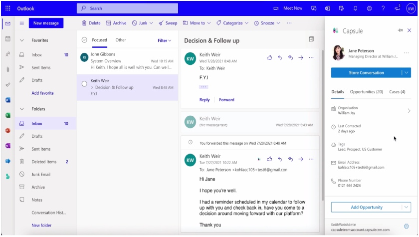 Outlook's email inbox user interface showing an option to store conversation in the Capsule CRM's sidebar.