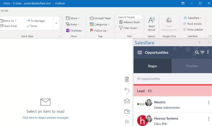 Outlook sidebar showing Salesflare email tracking and sidebar controls on the ribbon at the top right.
