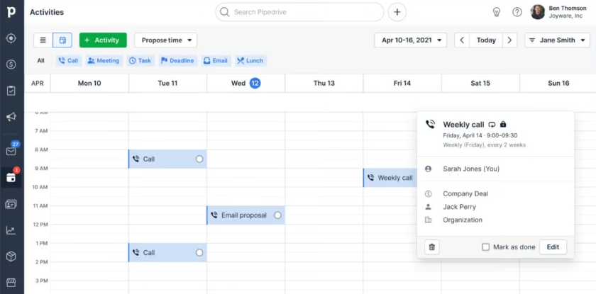 Pipedrive calendar showing sales activities like an email proposal and calls for the week.