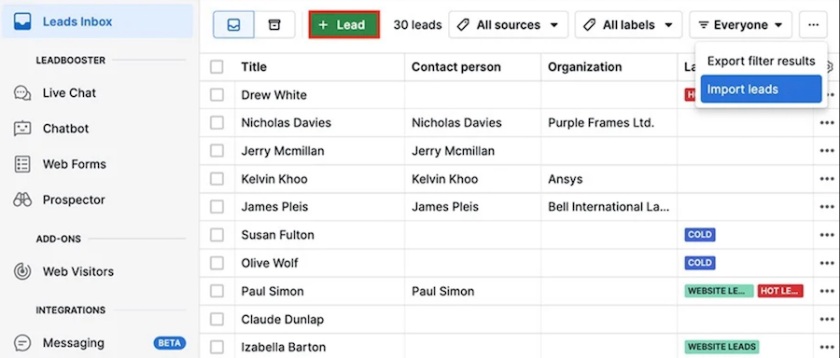 Pipedrive's Leads Inbox with pre-sales communications with prospects and a button for importing leads.