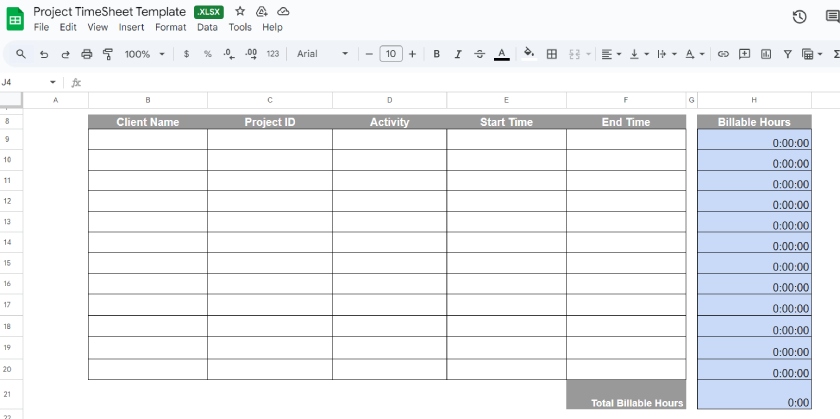Project timesheet template with columns for client name, activity, start and end times, and total billable hours.