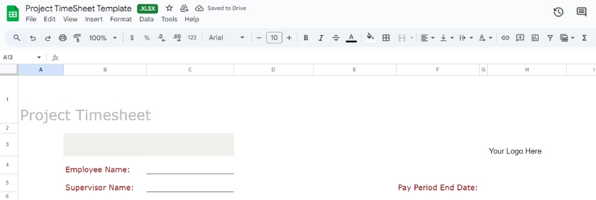 Project timesheet template with rows for employee name and pay period end date.