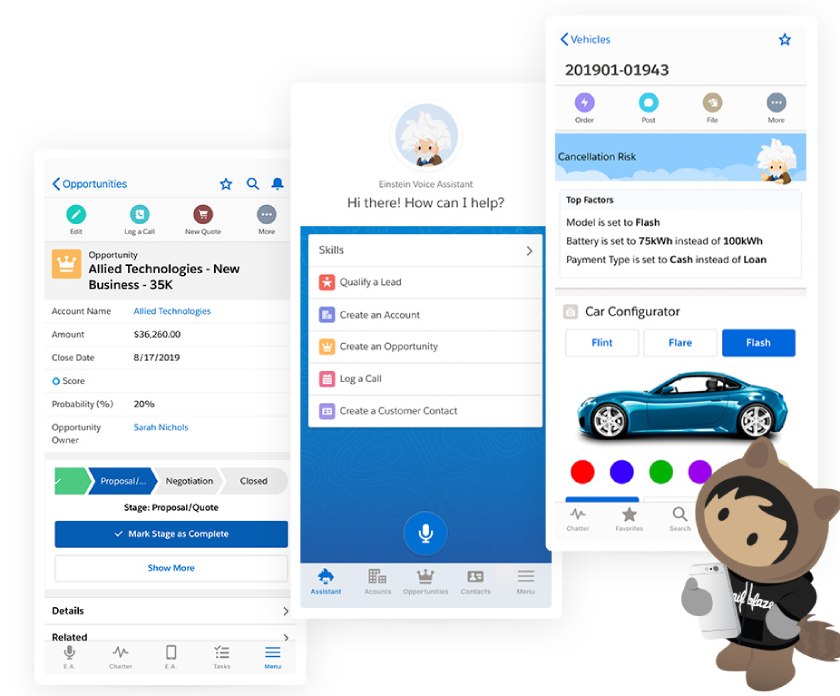 Salesforce Cloud mobile app showing various dashboards like opportunities.