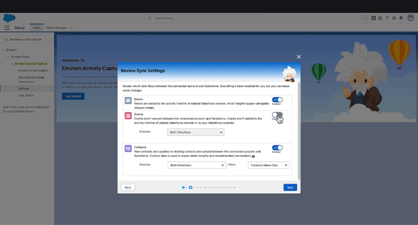Salesforce's Einstein Activity Capture setup page showing a pop-up for reviewing email, event, and contact sync settings.