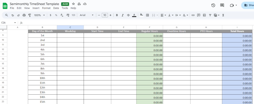 Semimonthly timesheet template with columns for start and end times, overtime hours and PTO hours.