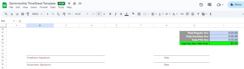 Semimonthly timesheet template with formulas for total hours and total pay due for the 16th through the 31st of the month.