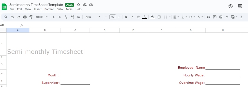 Semimonthly timesheet template with rows for employee name and wages.