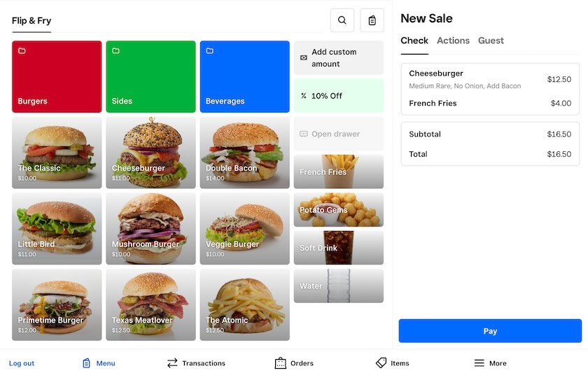 Square for Restaurants image-based order screen.