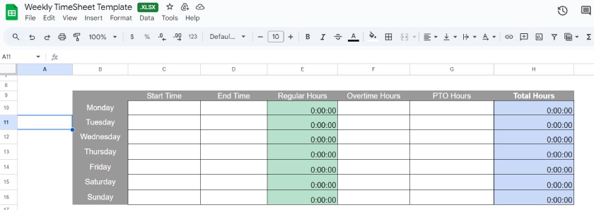 Weekly timesheet template columns for start time, end time, overtime hours, and pto hours.