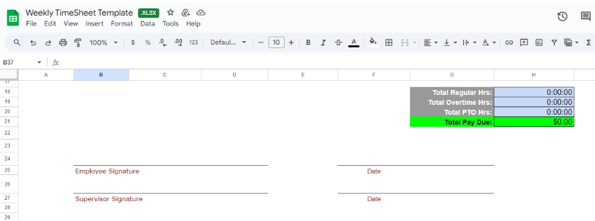 Weekly timesheet template formulas for total regular hours, overtime hours, PTO hours, and total pay due.