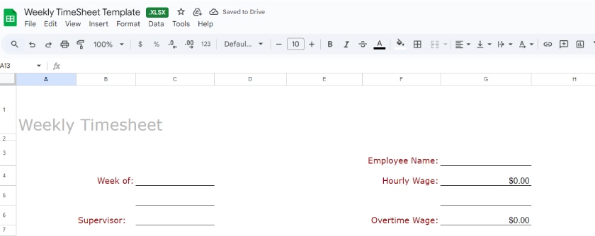 Weekly timesheet template with rows to input employee name and wages.