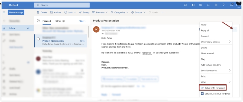 Zoho CRM for Email option showing under the list of add-ins with a down arrow on the top panel to access emails.