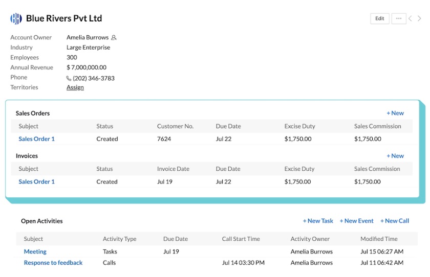 Zoho CRM's sample account record with sales orders and open activities.