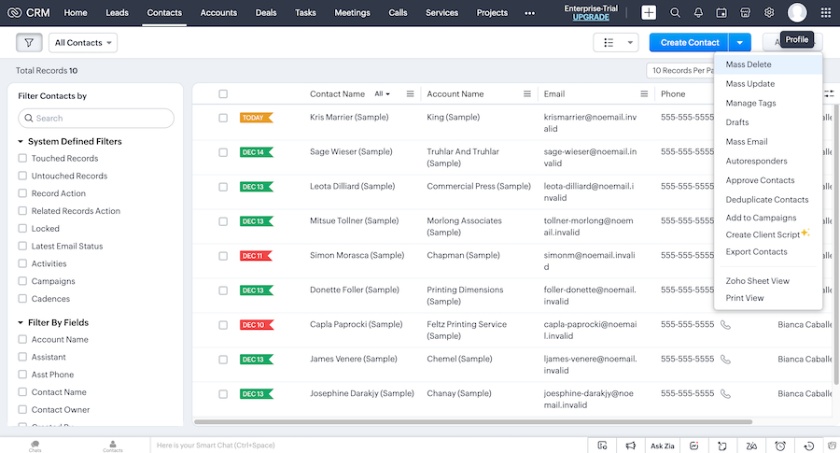 Zoho CRM's contact management system with options to automate data management tasks, such as mass updates and deduplication.