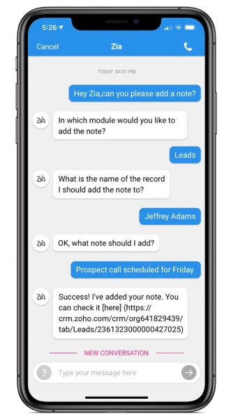 Zoho CRM's mobile app powered by Zia AI assistant assisting the user in adding a note via chat.