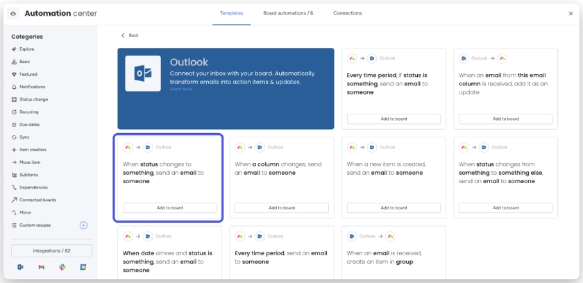 monday CRM's automation center showing an Outlook integration automation template for email sending.