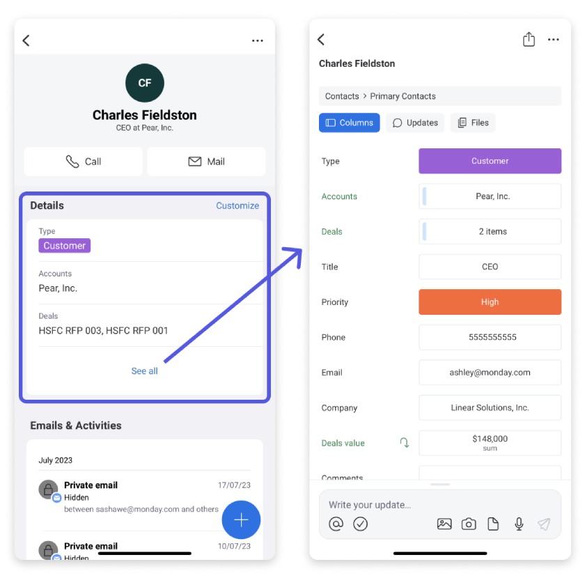 monday CRM mobile app showing contact activities and other details to enable sales teams.