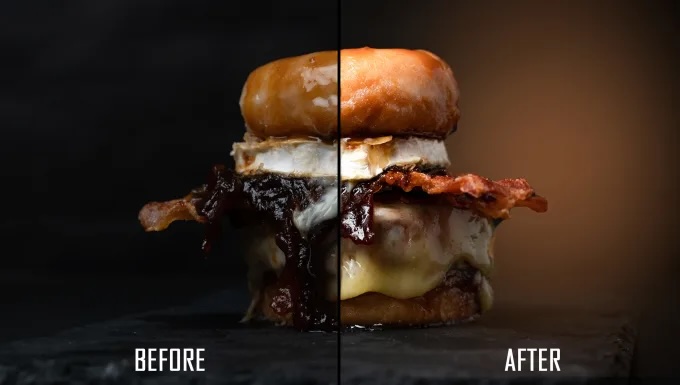 Before and after image of a burger showing the effects of basic photo editing.