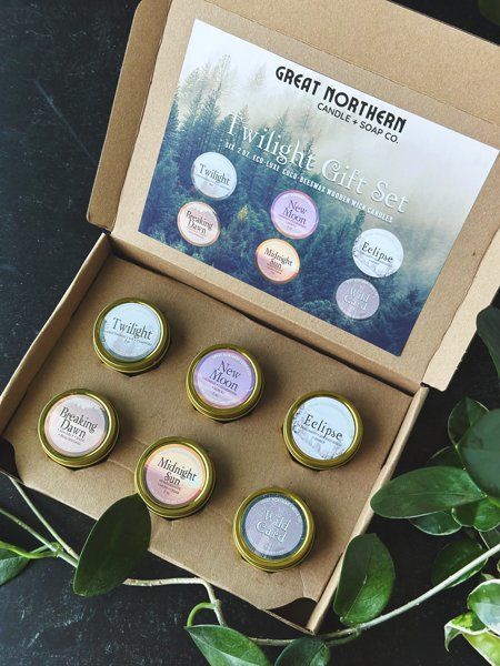 Twighlight Gift Set with six candles in shipping box.