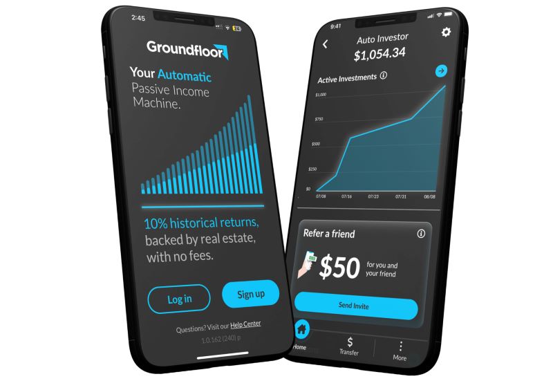 Sample dashboards on Groundfloor app showing login page and graph of active investments