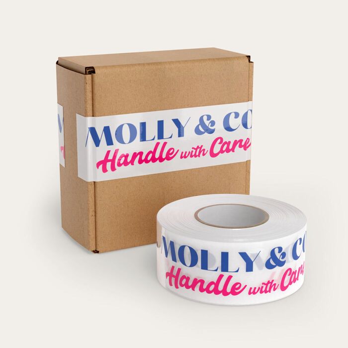 Box with tape with custom branding for Molly & Co. Handle with care.