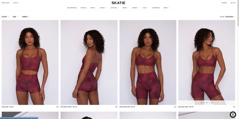 Skatie activewear shopping page with red and black leopard print short sets.