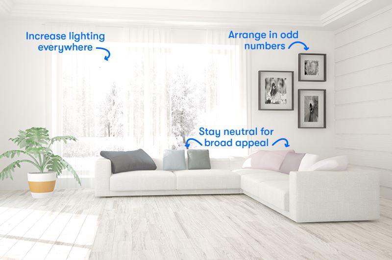 visual of a living room with tips on staging a home.