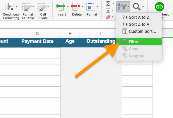 Section in an Excel invoice tracker highlighting the Filter tool