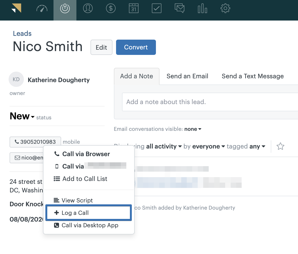 Zendesk Sell's "Log a Call" feature, which allows users to make calls and automatically record them. 