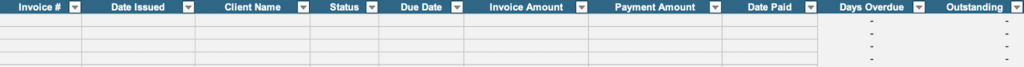 Sample headers for an Excel invoice tracker
