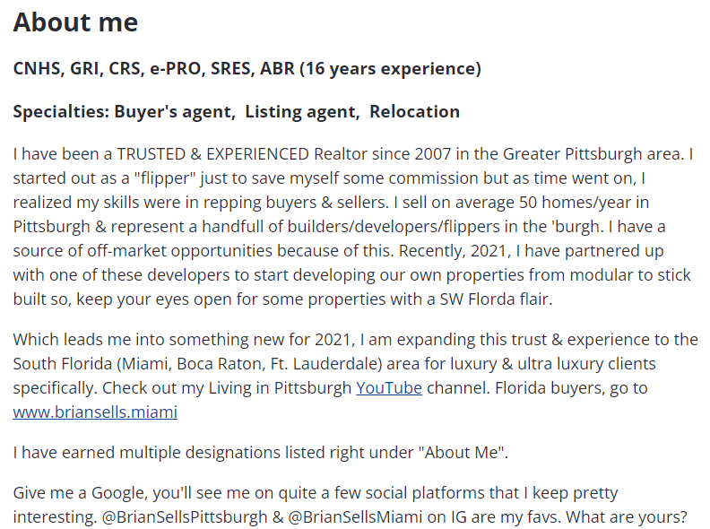 Realtor's About Me section on Zillow