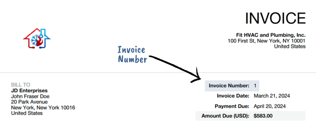 Image showing the upper portion of an invoice with an arrow pointing at the invoice number.