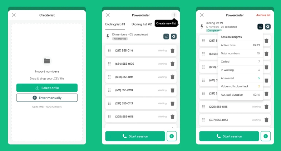 Aircall's power dialer user interface showing dialing and archive lists.