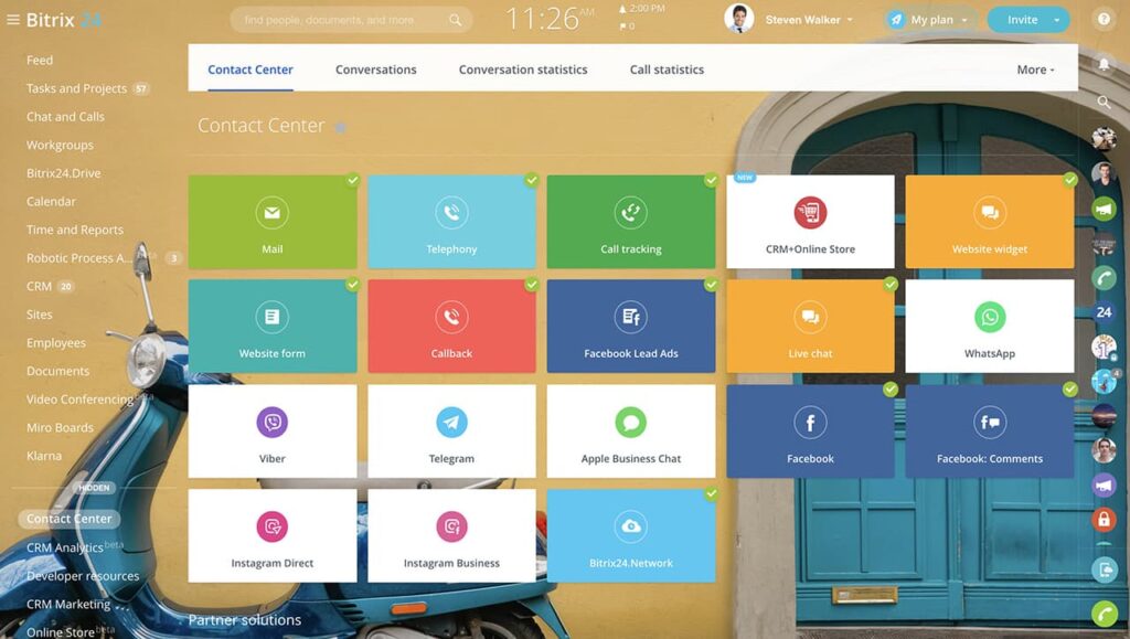 Bitrix24 contact center page showing multiple communication channels and collaboration tools.