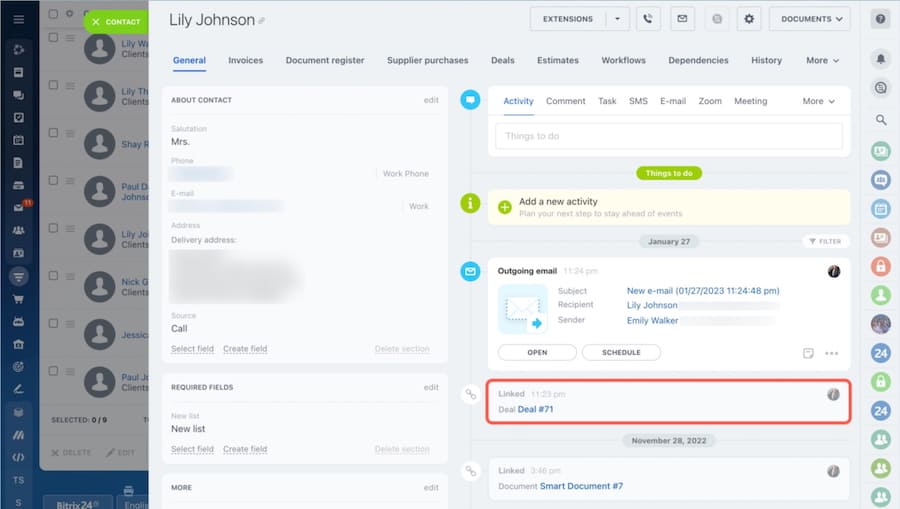 Bitrix24's contact record with activity timeline and tabs for communication channels.