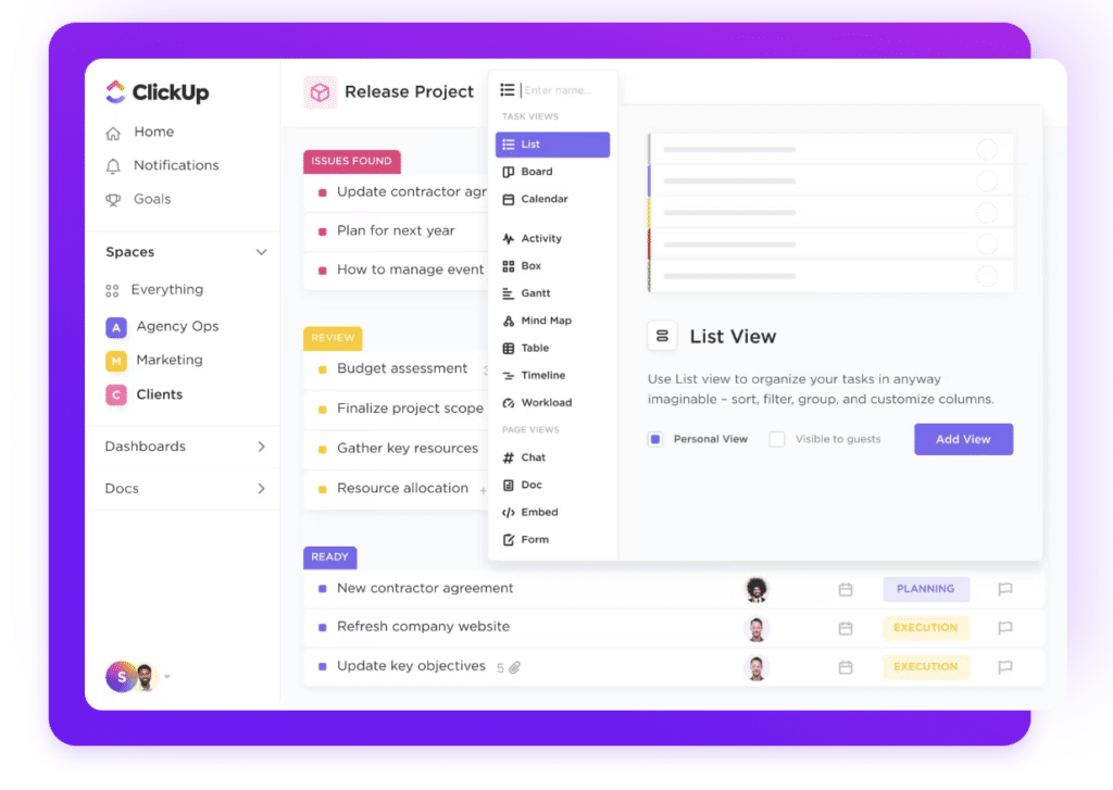 ClickUp's project management page showing issues found, for review, and ready-to-do tasks.