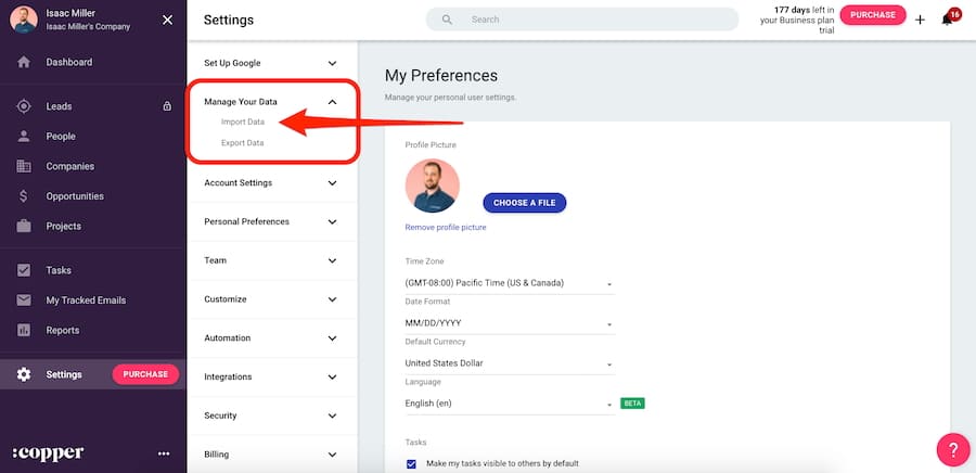 Copper CRM importing contact data from Google Contacts into the CRM database.