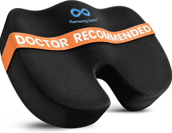 An Everlasting Comfort seat cushion with a label across the top that reads "DOCTOR RECOMMENDED."