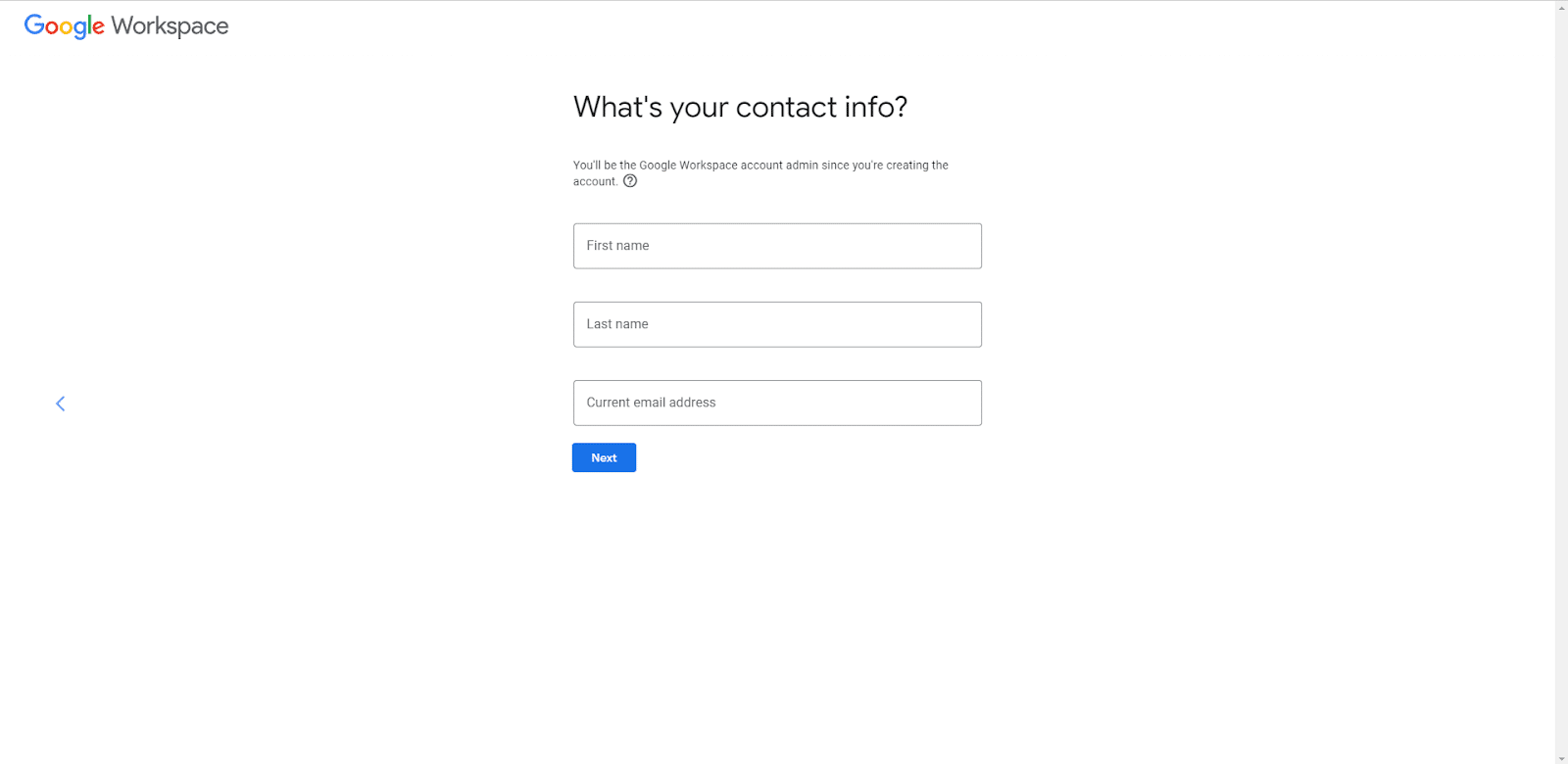 Google Workspace's onboarding page with contact information fields